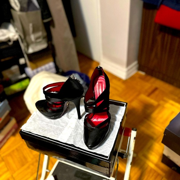 Cesare Paciotti Black Satin and Leather Strappy Pumps